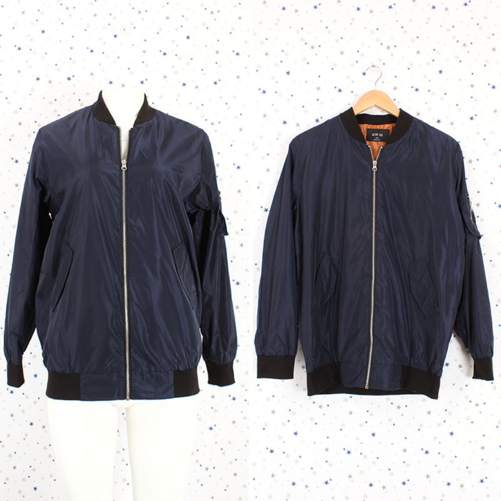 Navy Long Zip Up Bomber Jacket